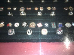 World Series rings. The 2004 and 2007 Red Sox rings are on the bottom row.