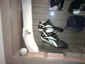 From the 2004 World Series: The disputed Mientkiewicz ball, Schilling's famous bloody sock and his cleats with the message about ALS.