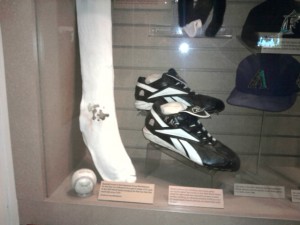 0516101250 From the 2004 World Series: The disputed Mientkiewicz ball, Schilling's famous bloody sock and his cleats with the message about ALS.